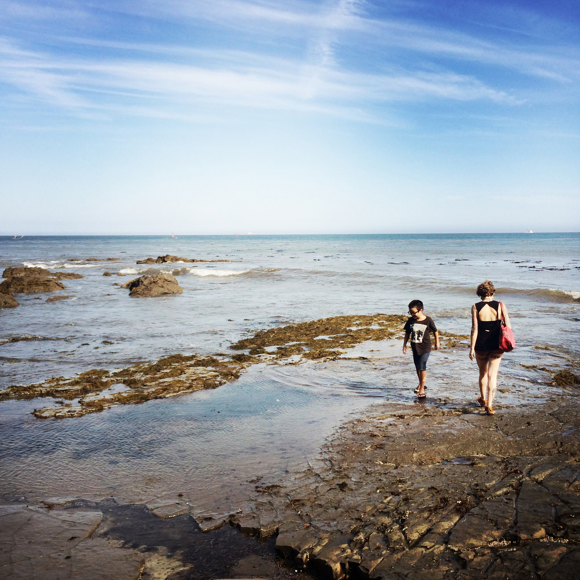 Levi-Joseph and Jasmine search for sea life in the tide pools at Cabrillo Beach in San Pedro, California. Jasmine's father used to take her to the same shoreline to search for marine life when she was a young girl. Jasmine wanted our son to share in those memories and to make some of his own.
