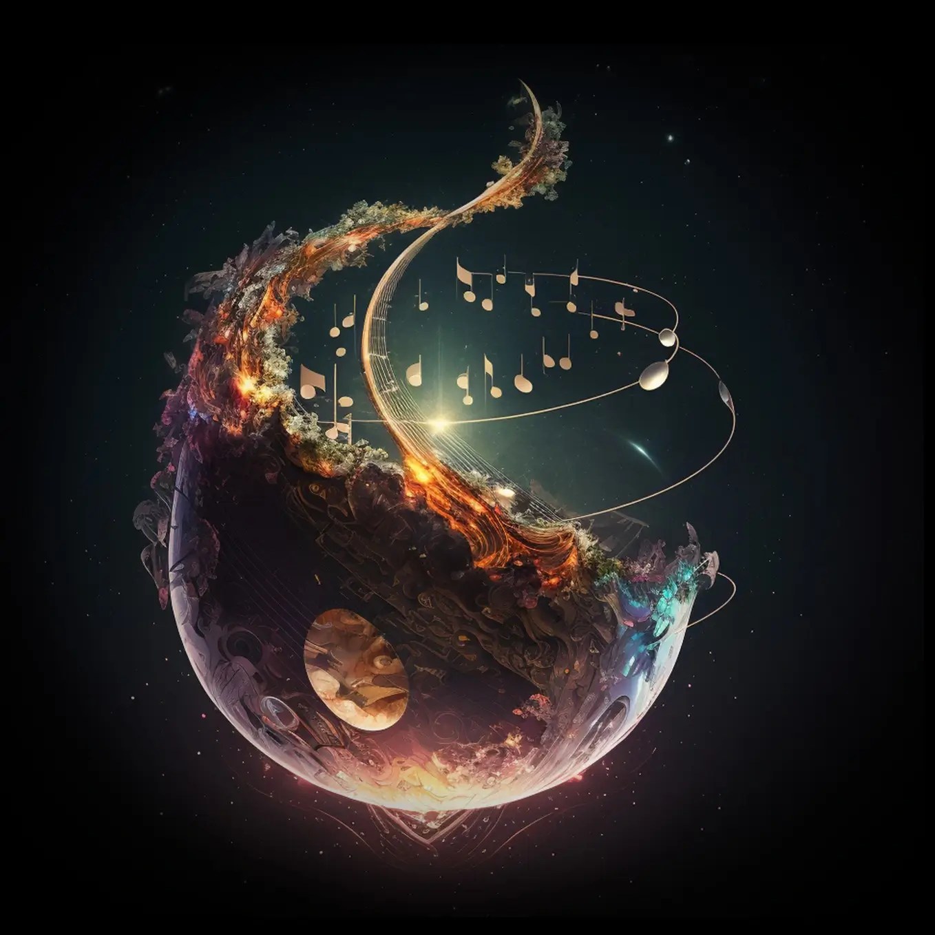 Musical notes are floating in space and slowly forming a spherical creation. Tawolren Arts