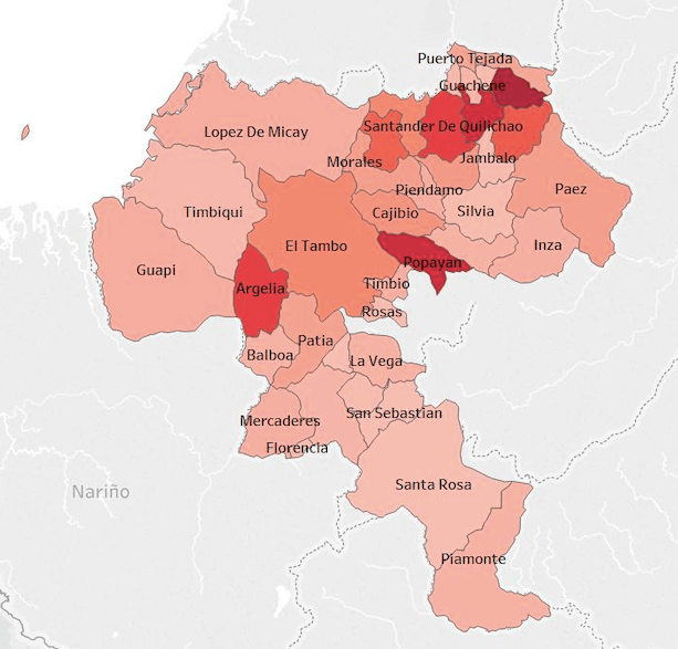 Technical GIS map of Cauca's post-conflict regions