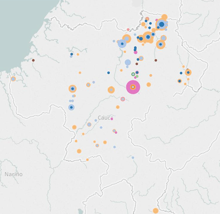 detailing conflict actors and territorial zones in Cauca