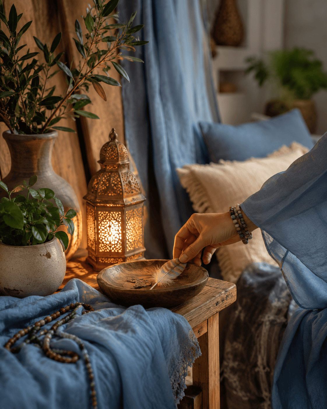 A feather arranged beside warm lantern light