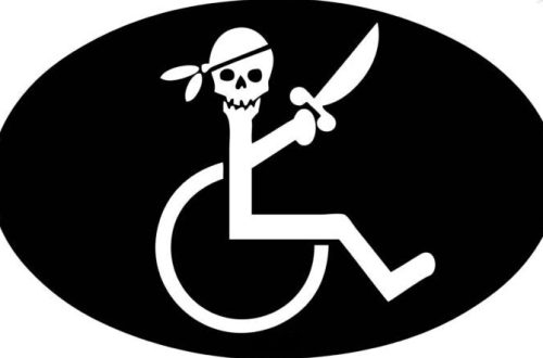 Sticker, leider nicht von mir. Pirat im Rollstuhl.