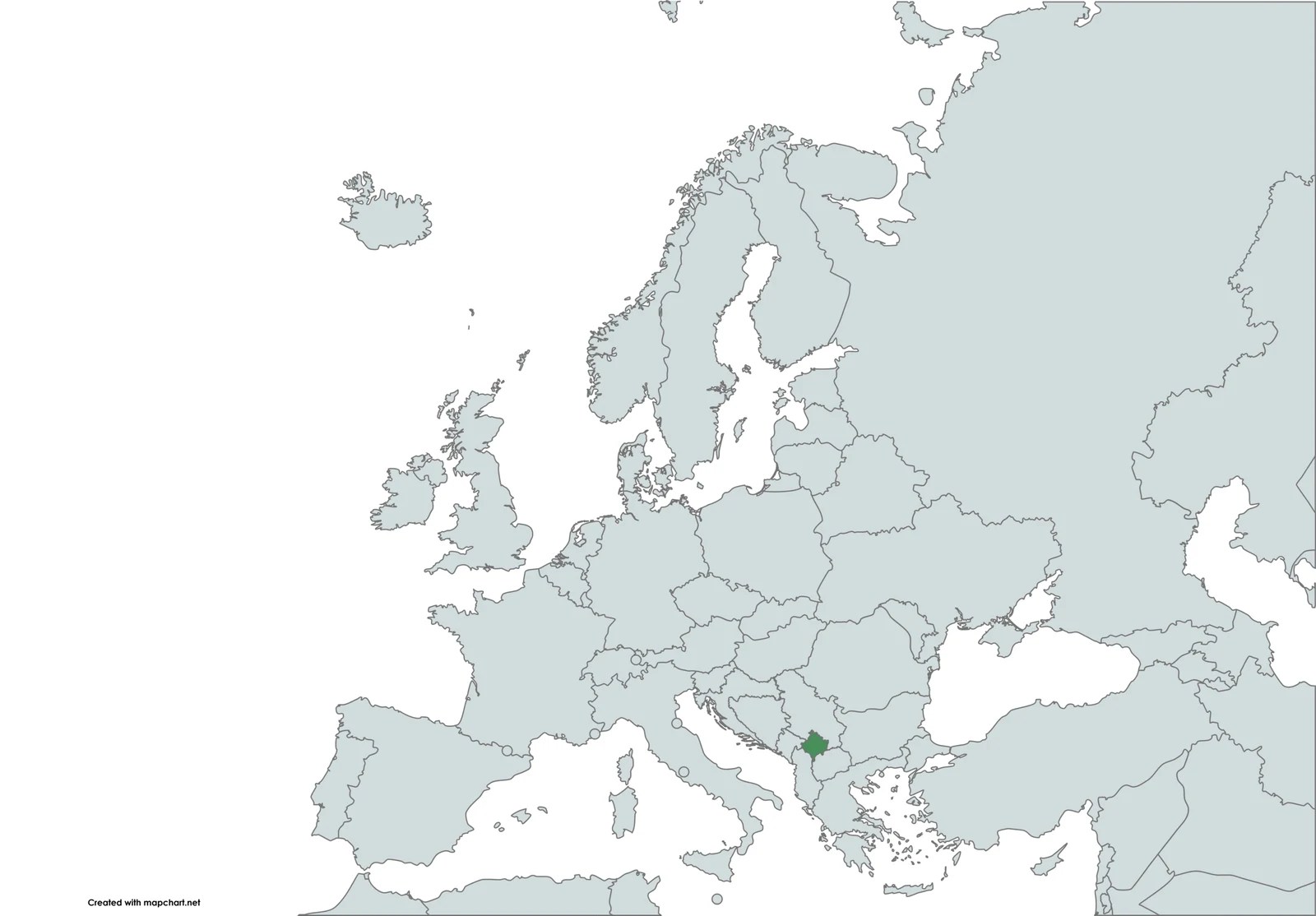 A map of Europe with the country of Kosovo highlighted in green.