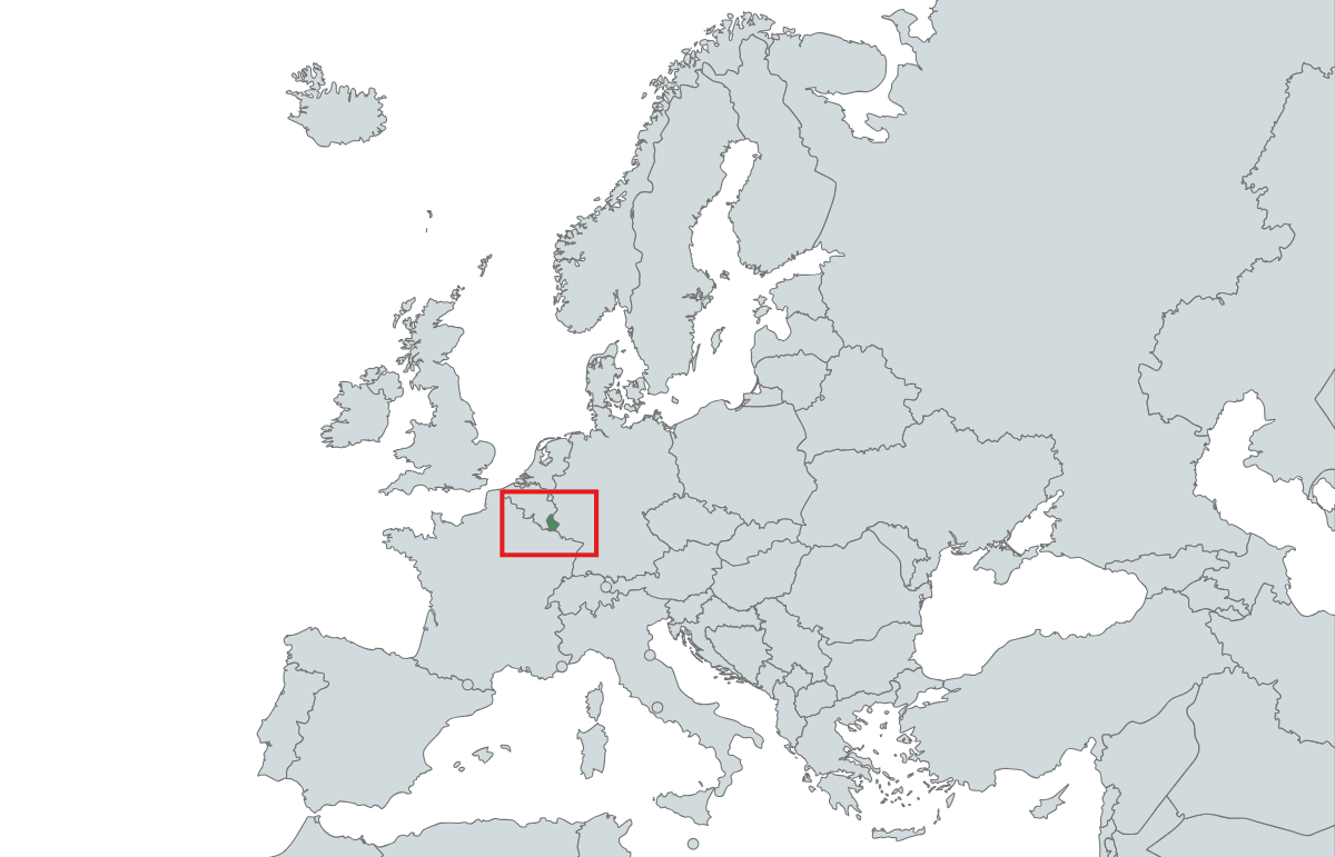 A map of Europe with the country of Luxembourg highlighted in red.