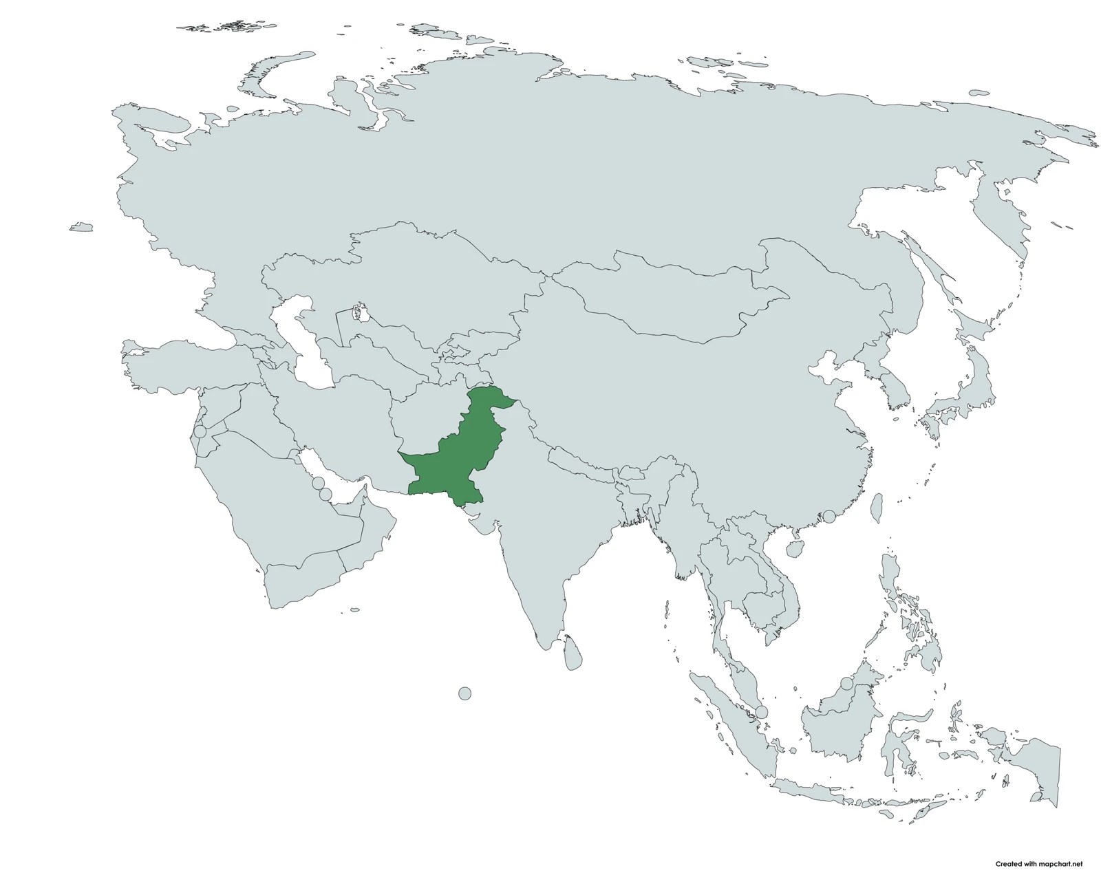 A map of Asia with the country of Pakistan highlighted in green.