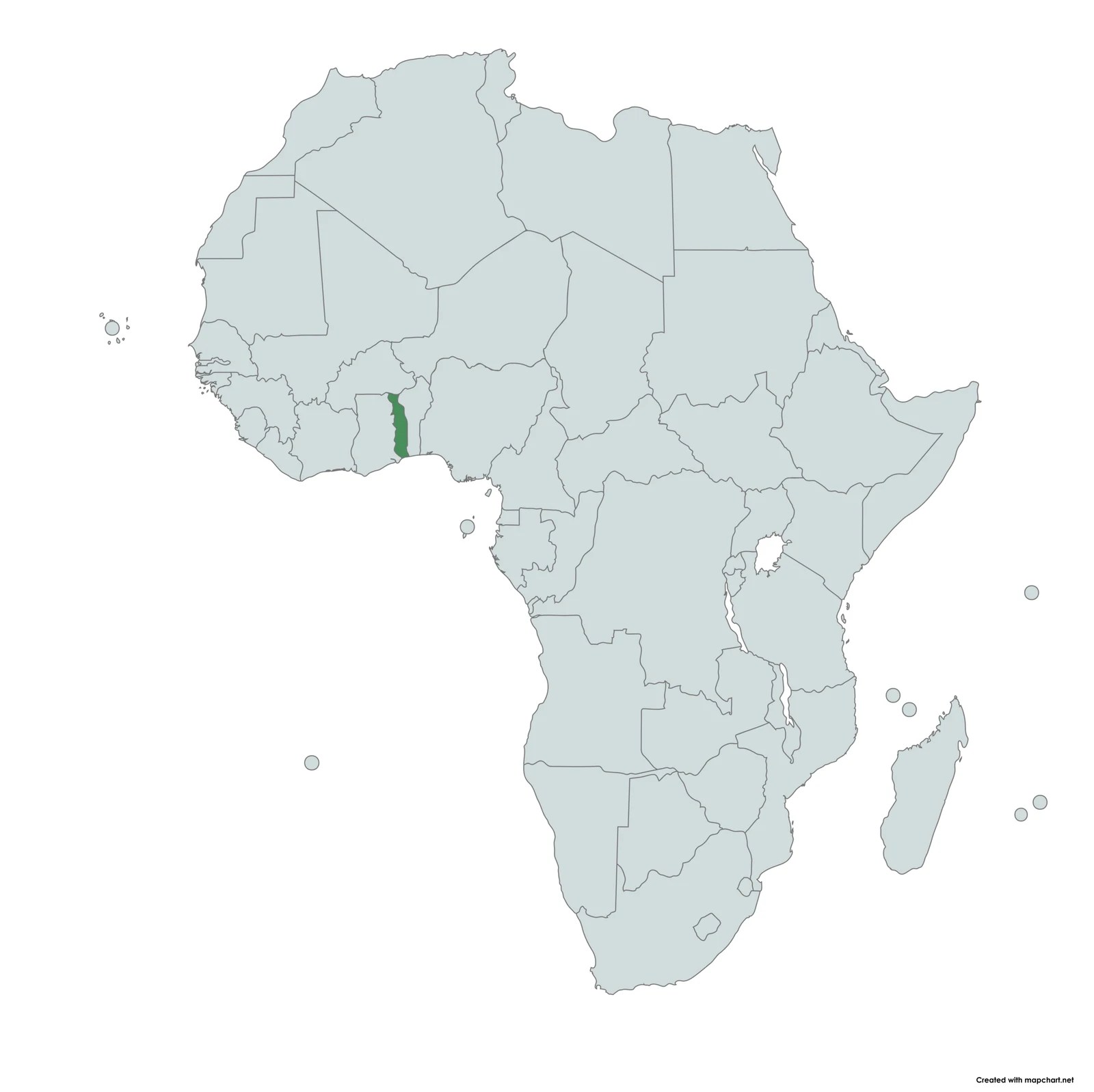 A second map of Africa with the country of Togo highlighted in green.