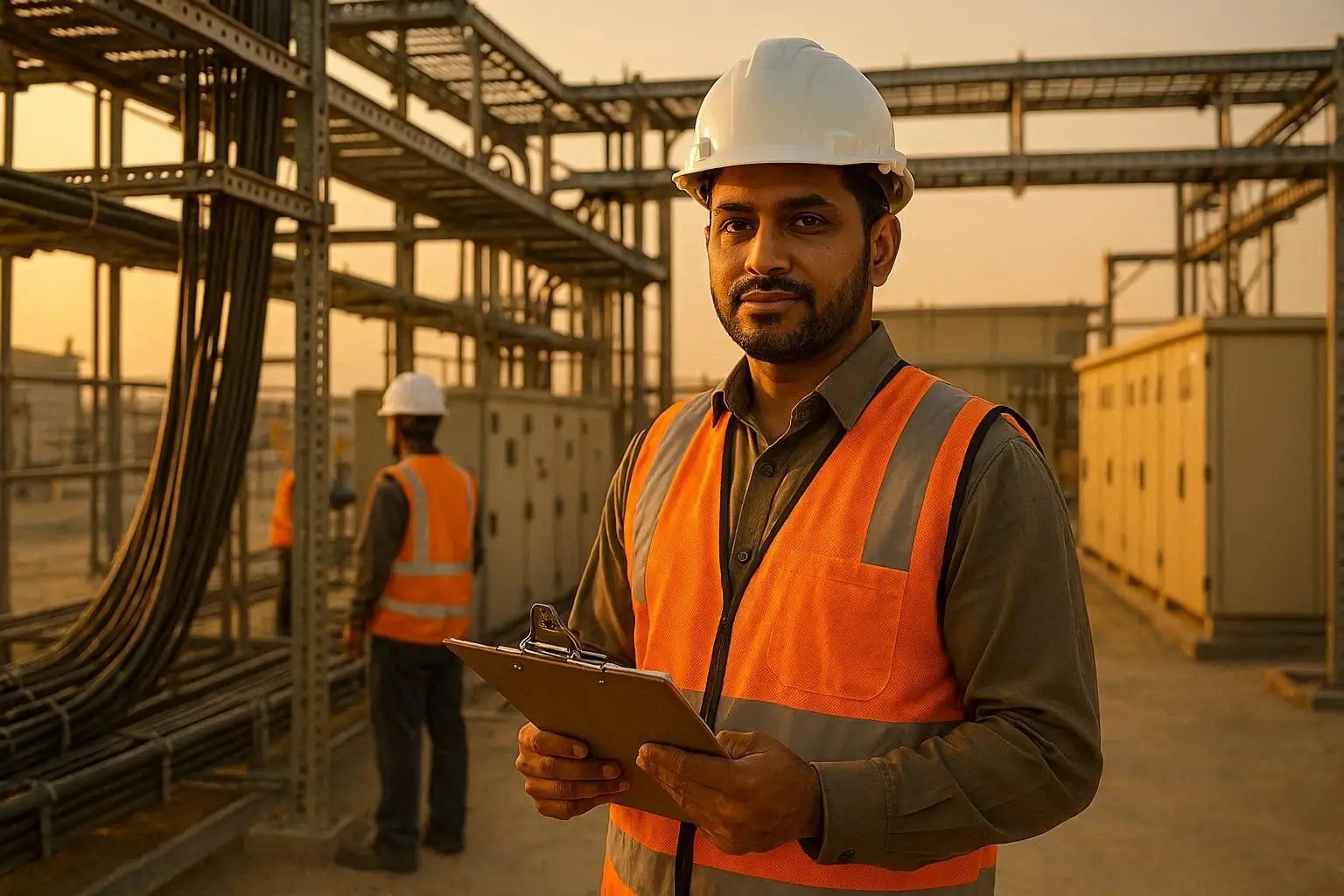Electrical project supervisor clipboard ke saath site par kaam karte hue