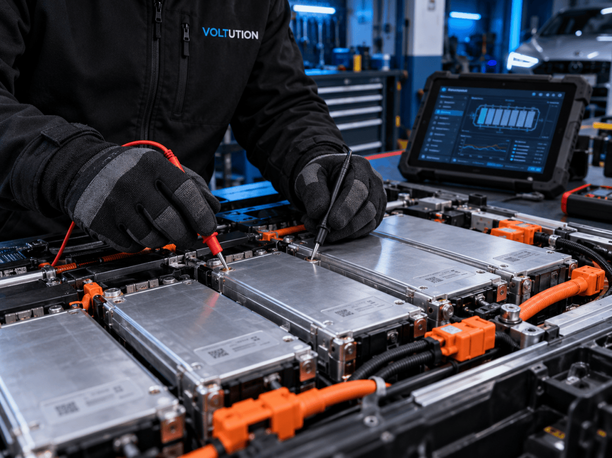 Technician inspecting an electric vehicle battery module