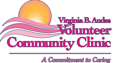 Virginia B Andes Volunteer Community Clinic's logo in Pink for Breast Cancer Awareness Month. A commitment to Caring