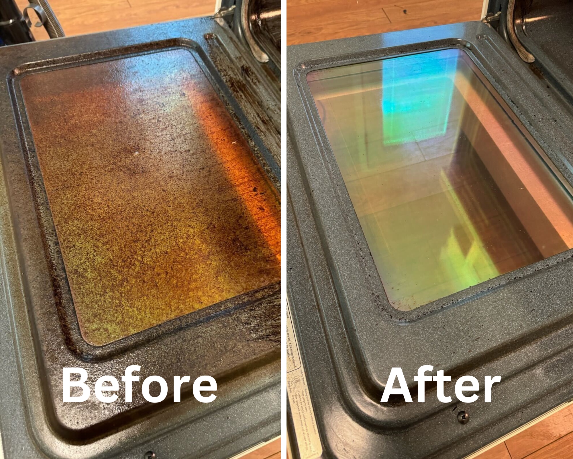 Before and after of a oven door that has been cleaned