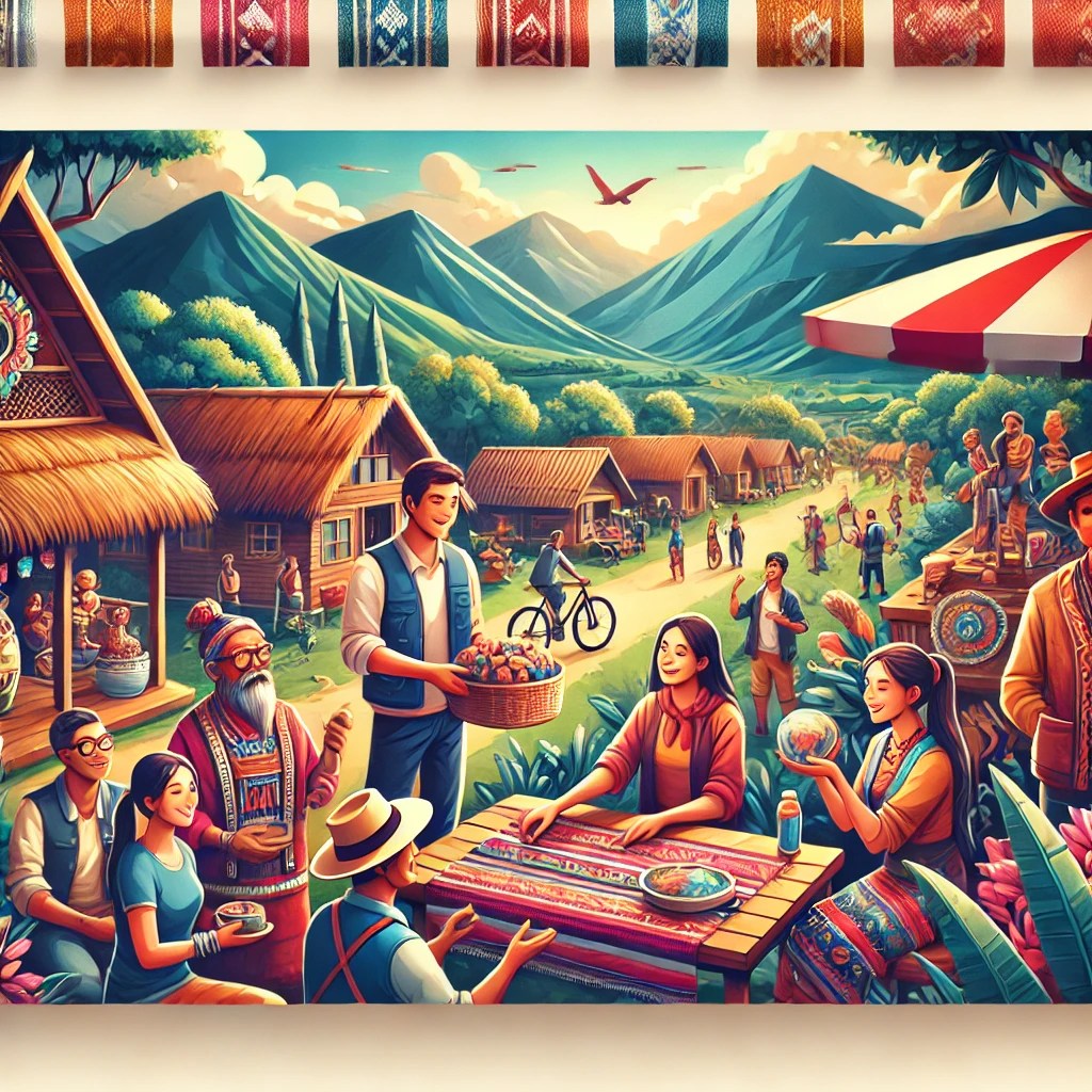 DALL·E 2025-03-15 12.46.19 - A vibrant and inviting thumbnail image representing community-based tourism. The image features a small group of travelers engaging with a local commu