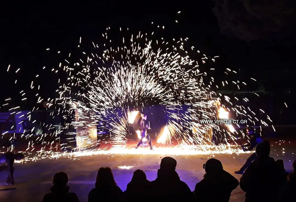 Fireshow with spark pyrotechnics in Greece