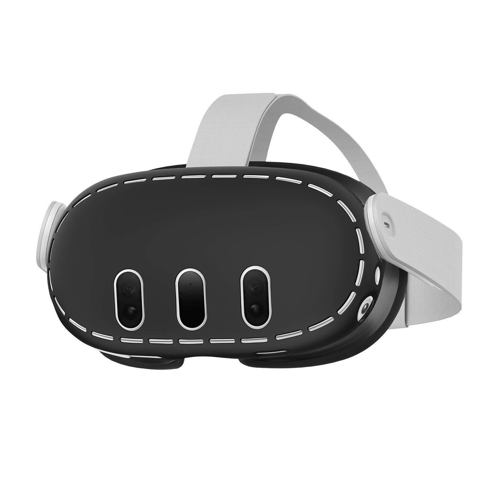 Silikoneovertræk til Meta Quest 3 Headset vist monteret på headsettet med tre synlige udskæringer til kameraerne.