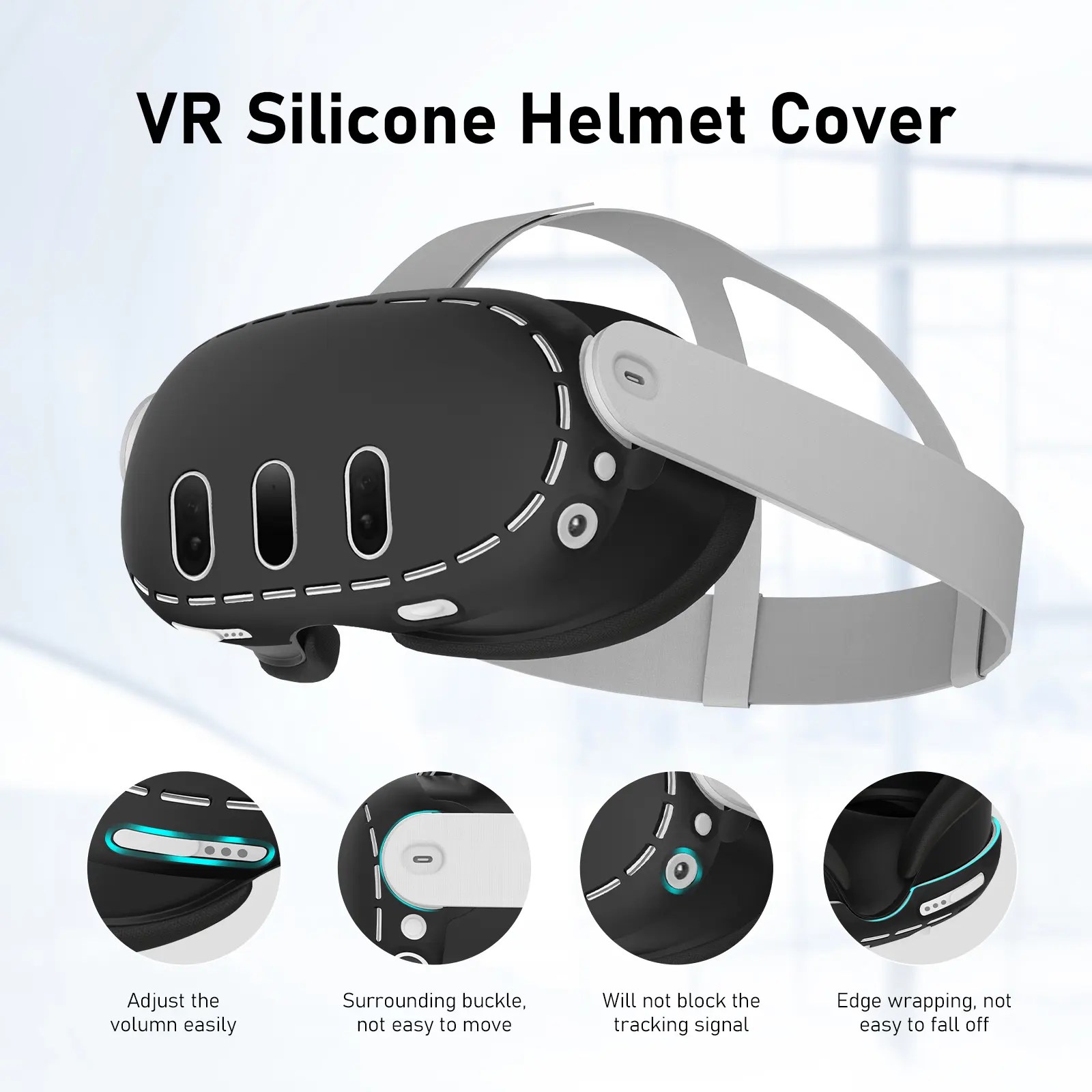 Sort headset-cover med tre udskæringer til kameraerne og hvide konturer rundt om kanterne. Teksten "VR Silicone Helmet Cover" er synlig ovenover, og tre cirkler i bunden viser detaljer om coveret med tekster: "Adjust the volume easily", "Surround buckle not easy move" og "Will not block tracking signal". "Omgivende spænde, ikke let at flytte" og "Blokerer ikke sporingssignalet".