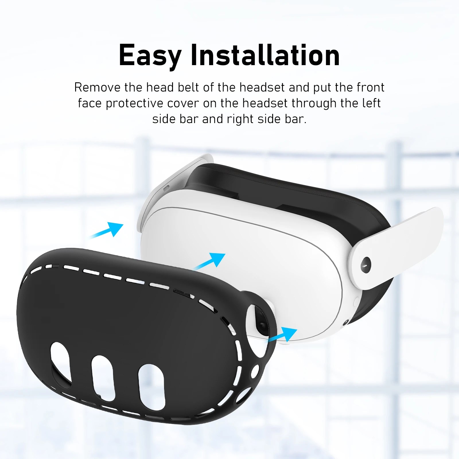 Sort silikonecover til Meta Quest 3 vist separat fra et hvidt Meta Quest 3-headset med blå pile, der illustrerer installationsprocessen. Teksten "Easy Installation" og en beskrivelse af installationstrinnene er synlige ovenfor.
