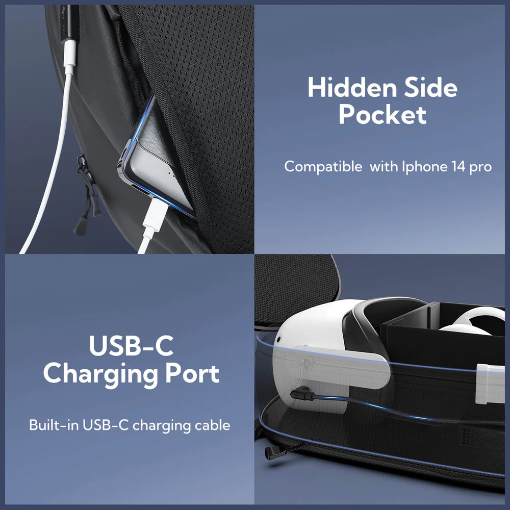 Udstyret med USB-C-opladningsport og skjult mobillomme
