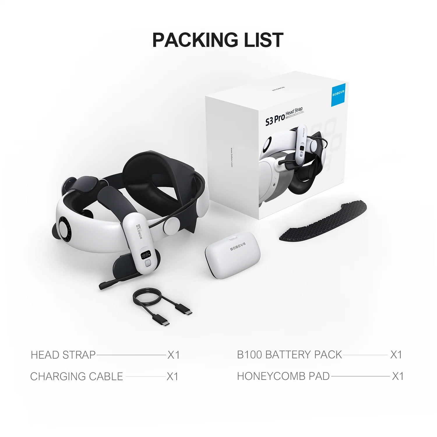 BOBOVR S3 Pro Super Strap - Meta Quest 3 / Meta Quest 3S. Pakkens indhold