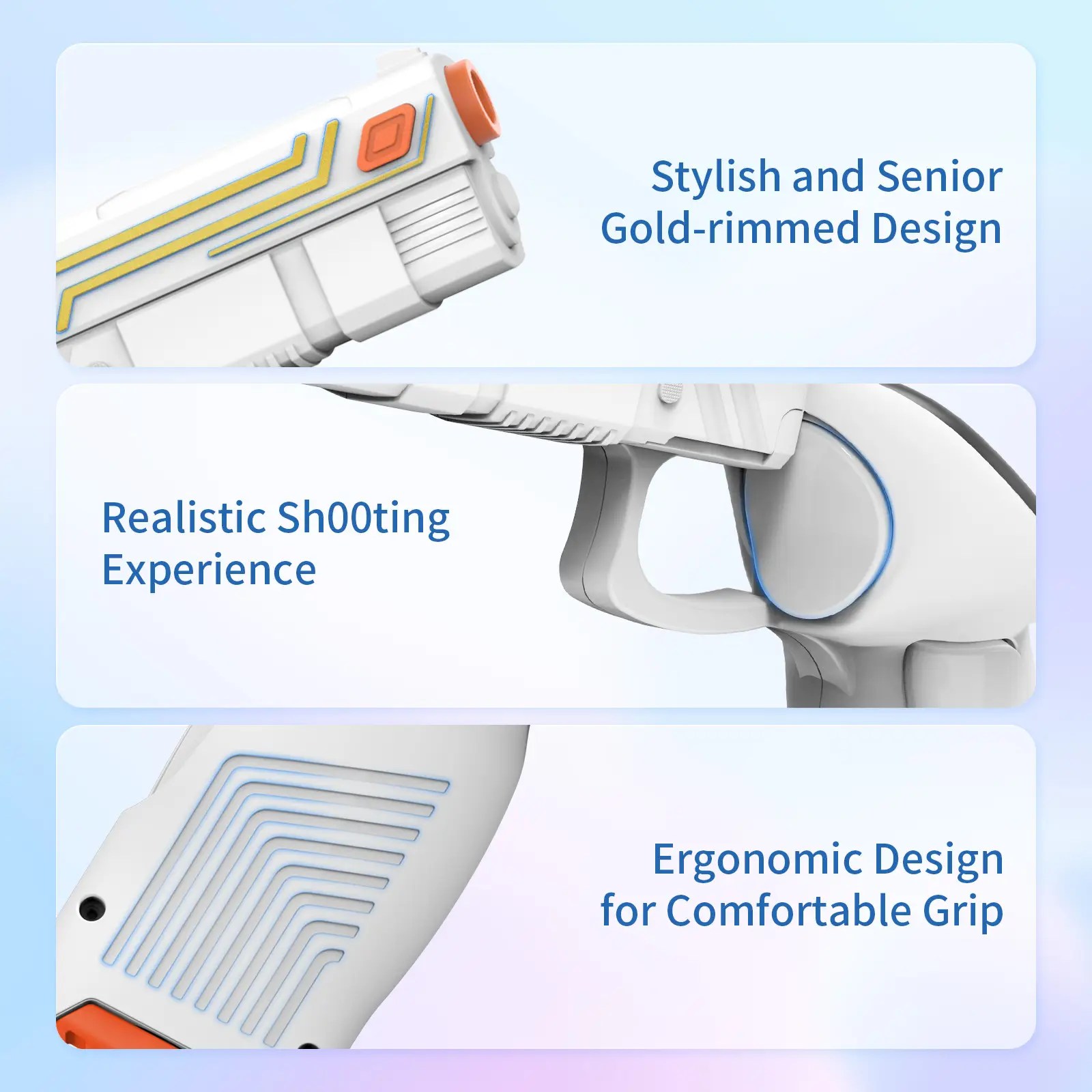 Stilfuldt design, realistisk oplevelse og ergonomisk design er fordele, der vises på dette billede.