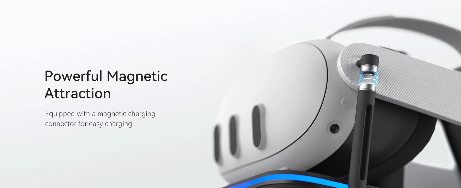 Meta Quest-headset placeret på KIWI Design SPC Vertical Charging Stand med RGB, der viser magnetisk opladningsforbindelse for nem brug.