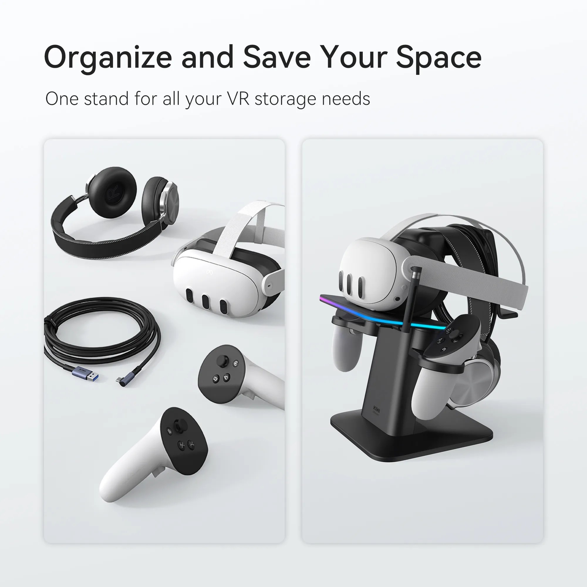 Organiser og spar plads med en ladestation til VR-headsets og tilbehør som controllere og kabler.