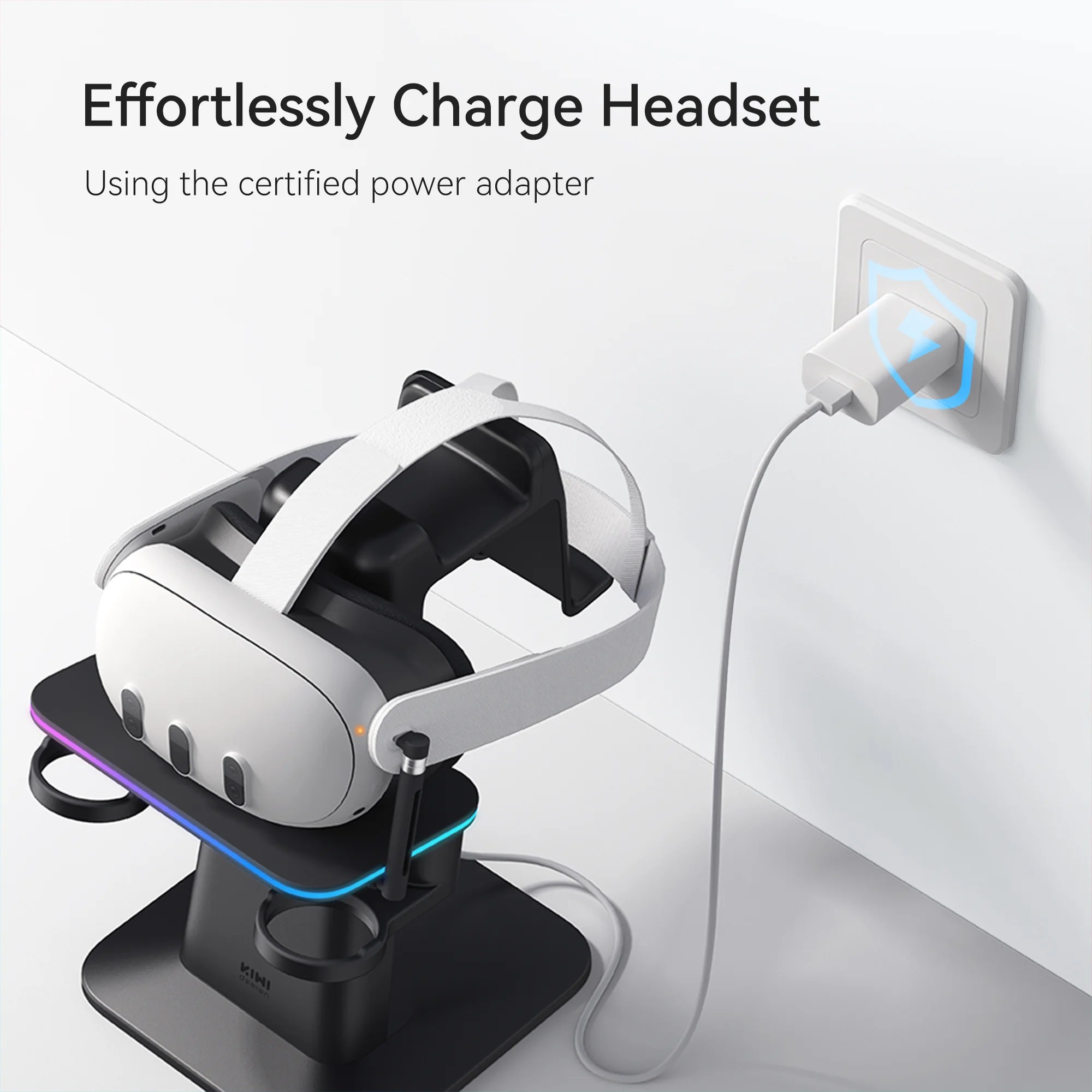 KIWI Design SPC Vertical Charging Stand med RGB, oplader Meta Quest-headset med magnetisk USB Type-C-stik.