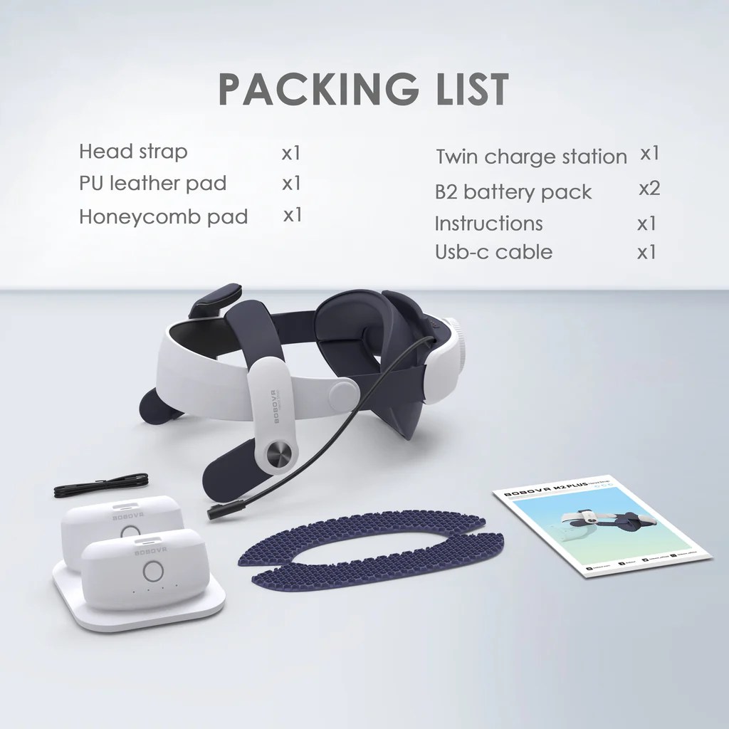 Indeholder BoboVR M2 Plus Halo Strap-hovedbøjle, 2 B2-batterier, honningkamspuder og oplader.