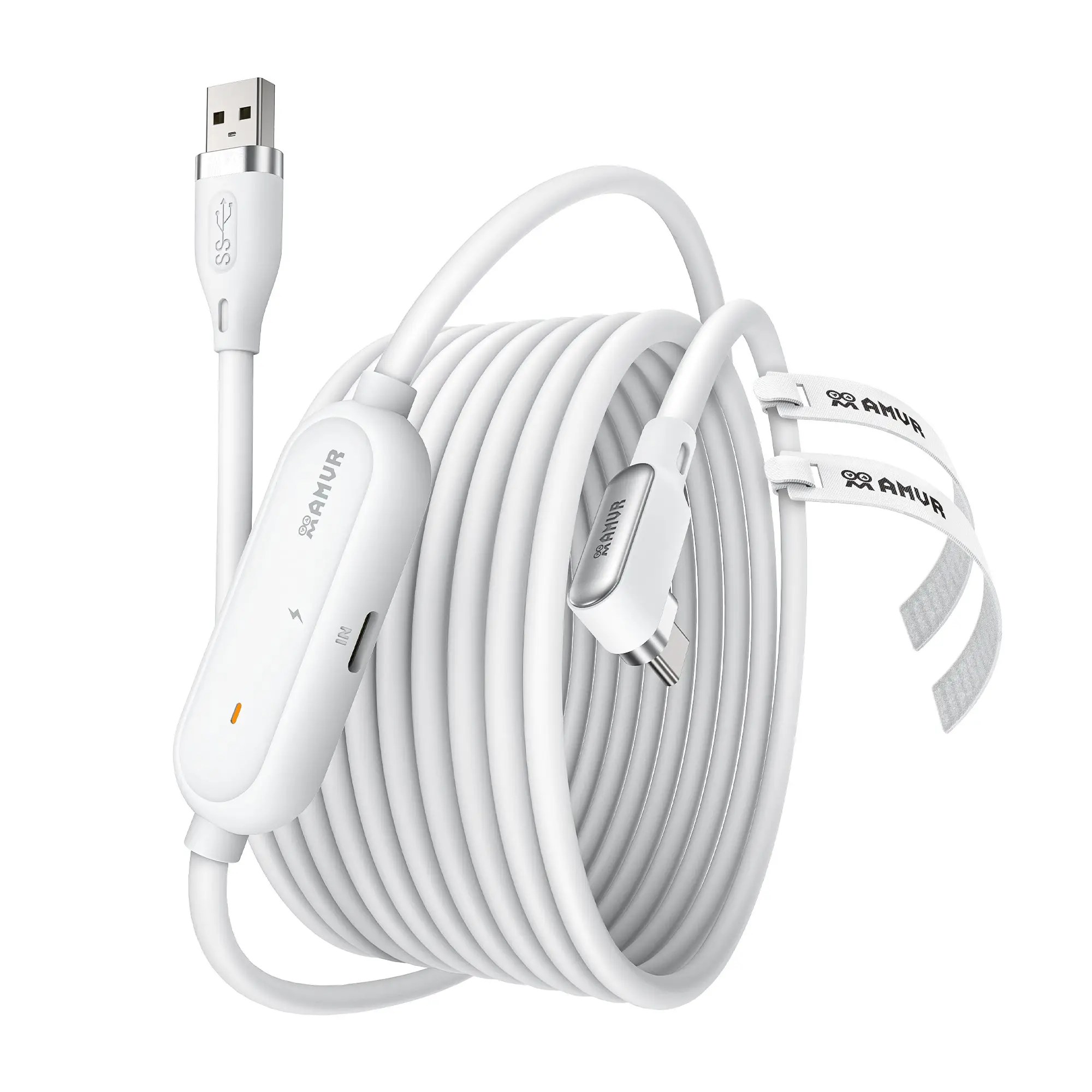 AMVR Link-kabel med opladningsport Meta/Pico - hvidt kabel med USB-A og vinklet USB-C og separat opladningsport