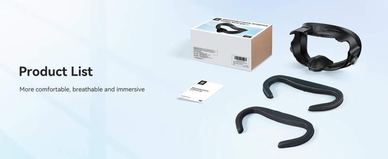 AMVR Facial Interface til Meta Quest 3 - komplet sæt med to udskiftelige puder, næsebeskytter og manual.