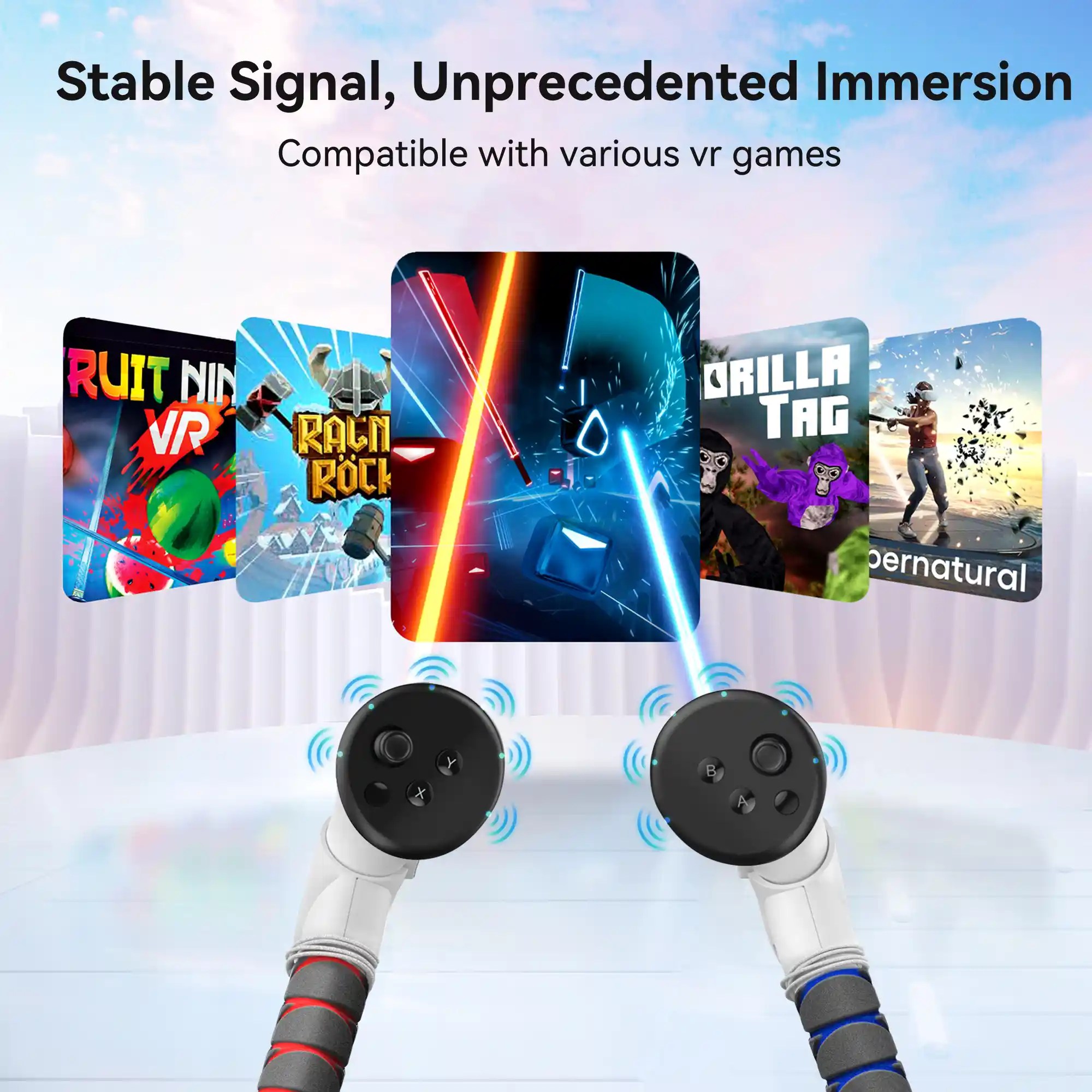 Stabil signal, enastående inlevelse. Kompatibel med olika VR-spel så som tex. Beat Saber och Gorilla Tag med Long arms grepp VR
