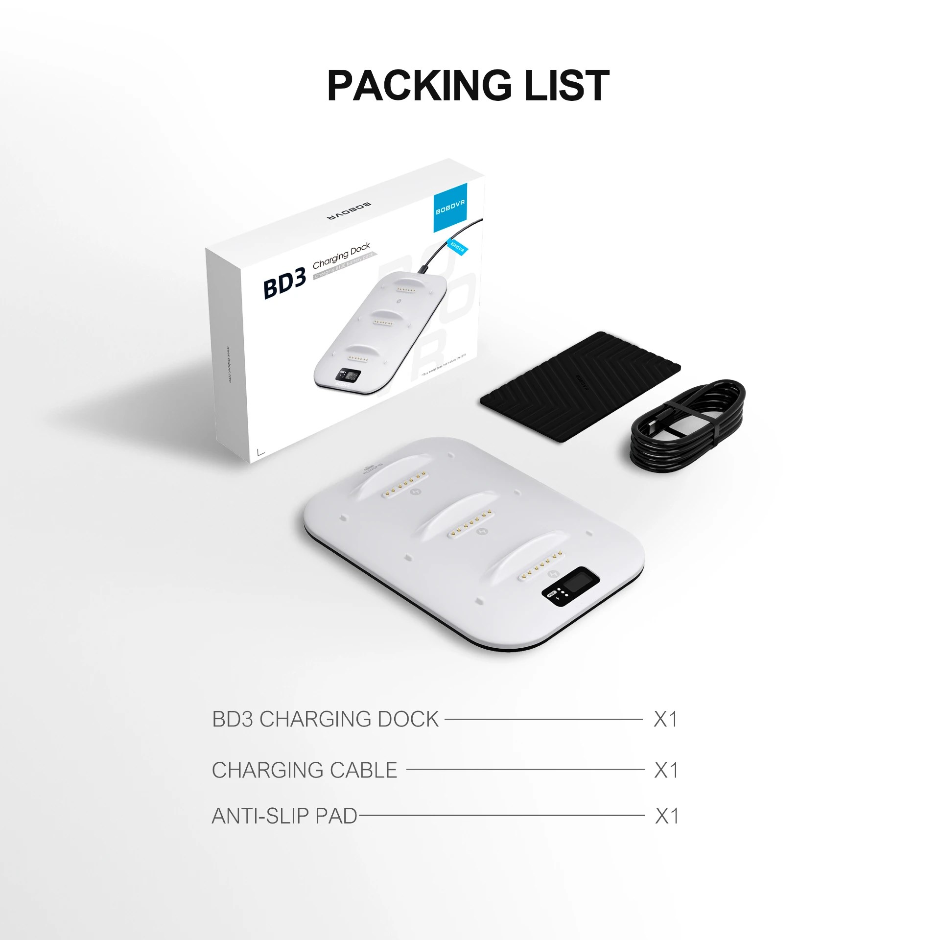 The picture shows the BoboVR charger BD3 to B100 battery. The background shows the product packaging and the foreground shows the contents of the packaging.
