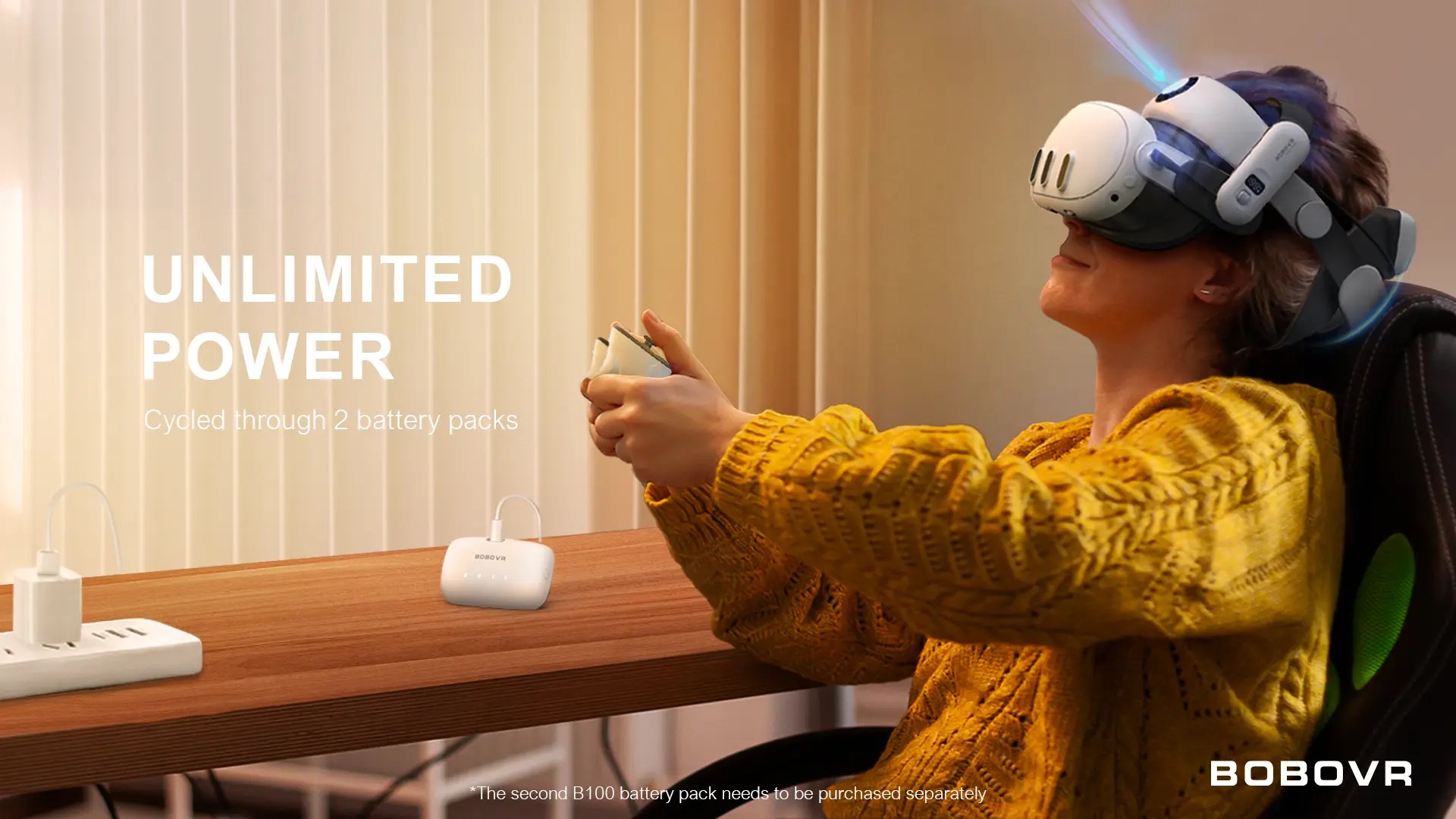 The picture shows a woman playing Meta Quest 3. She sits back and enjoys unlimited battery life.