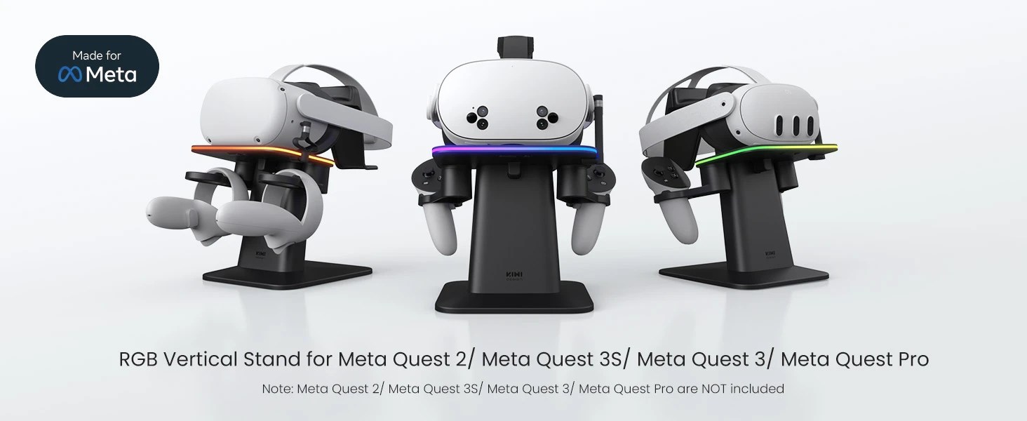 Vertical design of KIWI Design SPC Charging Stand for Meta Quest, keeping headsets and controls organized and saving desk space.