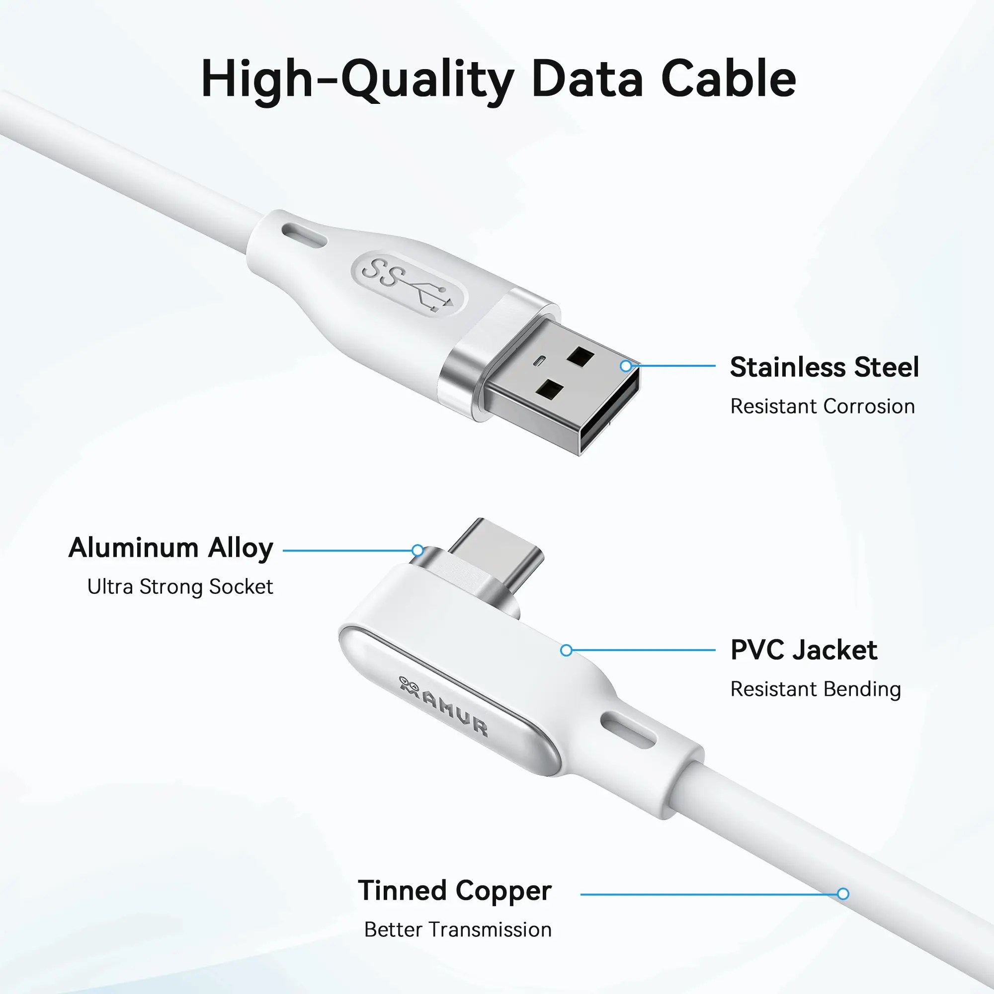 AMVR Link Cable for Meta and Pico with stainless steel USB-A connector, reinforced aluminum alloy USB-C connector, tin-plated copper wire and PVC jacket - built for durability and optimal data communication