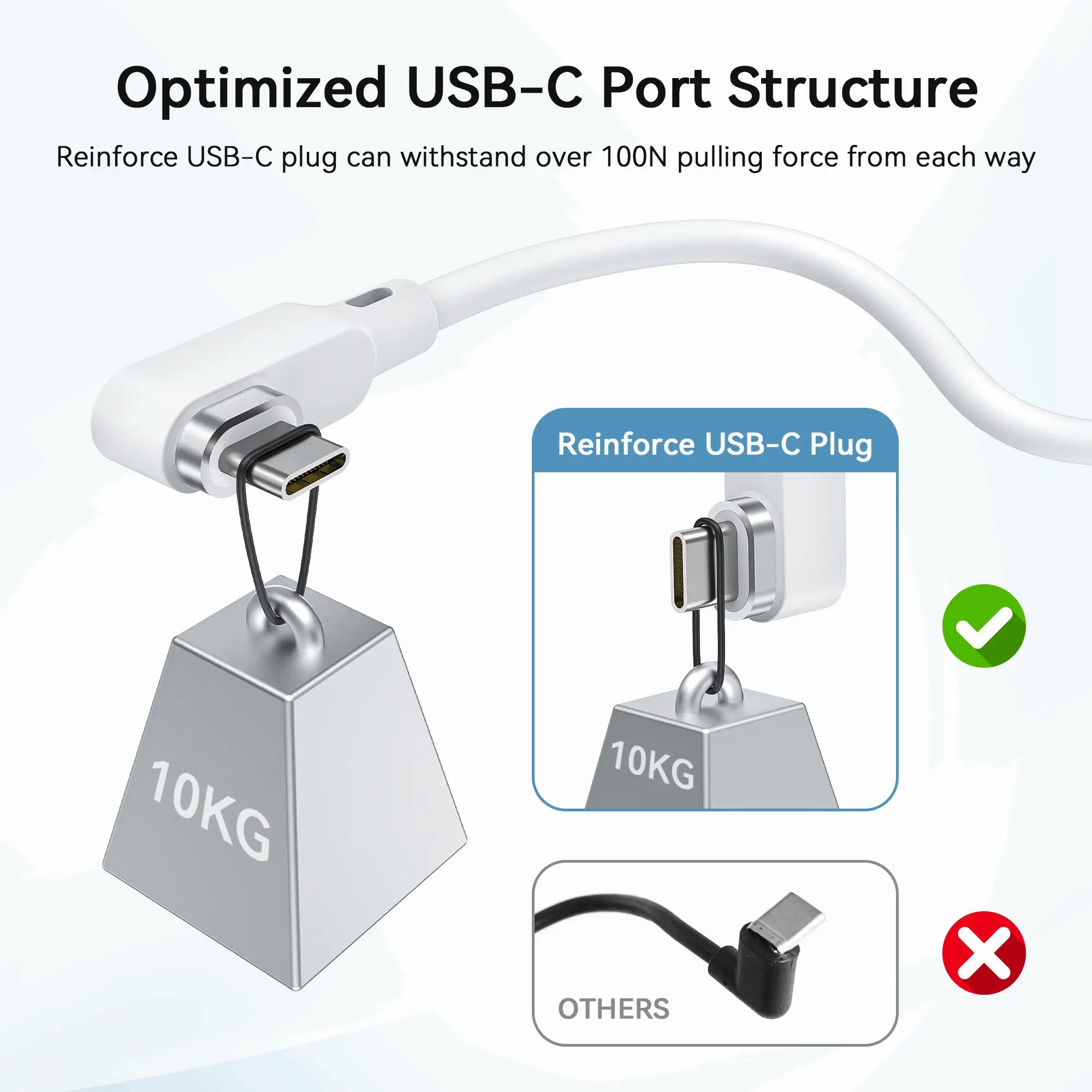 AMVR Link Cable for Meta and Pico with reinforced USB-C connector that can withstand up to 10 kg of pull force - compares to weaker cable designs that break more easily