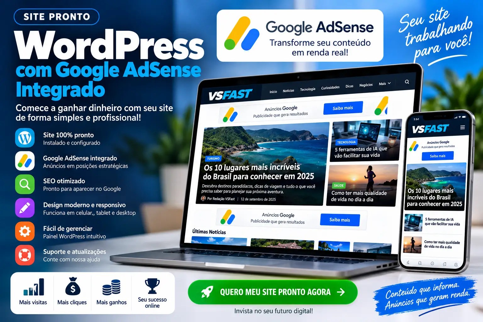 Site Pronto WordPress com Google AdSense integrado