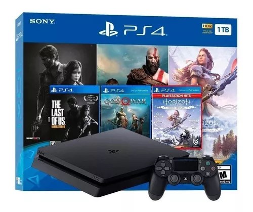 PlayStation 4 Slim 1TB Mega Pack: The Last of Us/God of War/Horizon Zero Dawn cor preto onyx