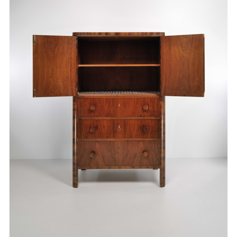 Vintage wooden cabinet with upper cupboard doors open, revealing two shelves.