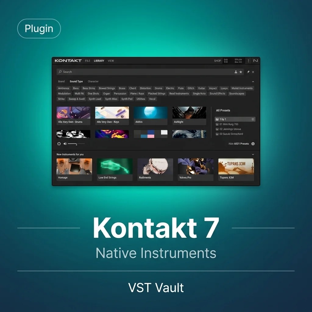 Native Instruments Kontakt 7 sampler VST plugin interface with library browser and instrument controls