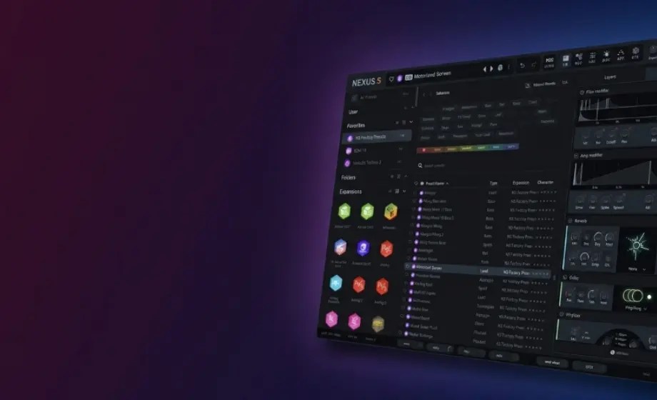 reFX Nexus 5 rompler interface showing the Motorized Screen preset with expansions browser