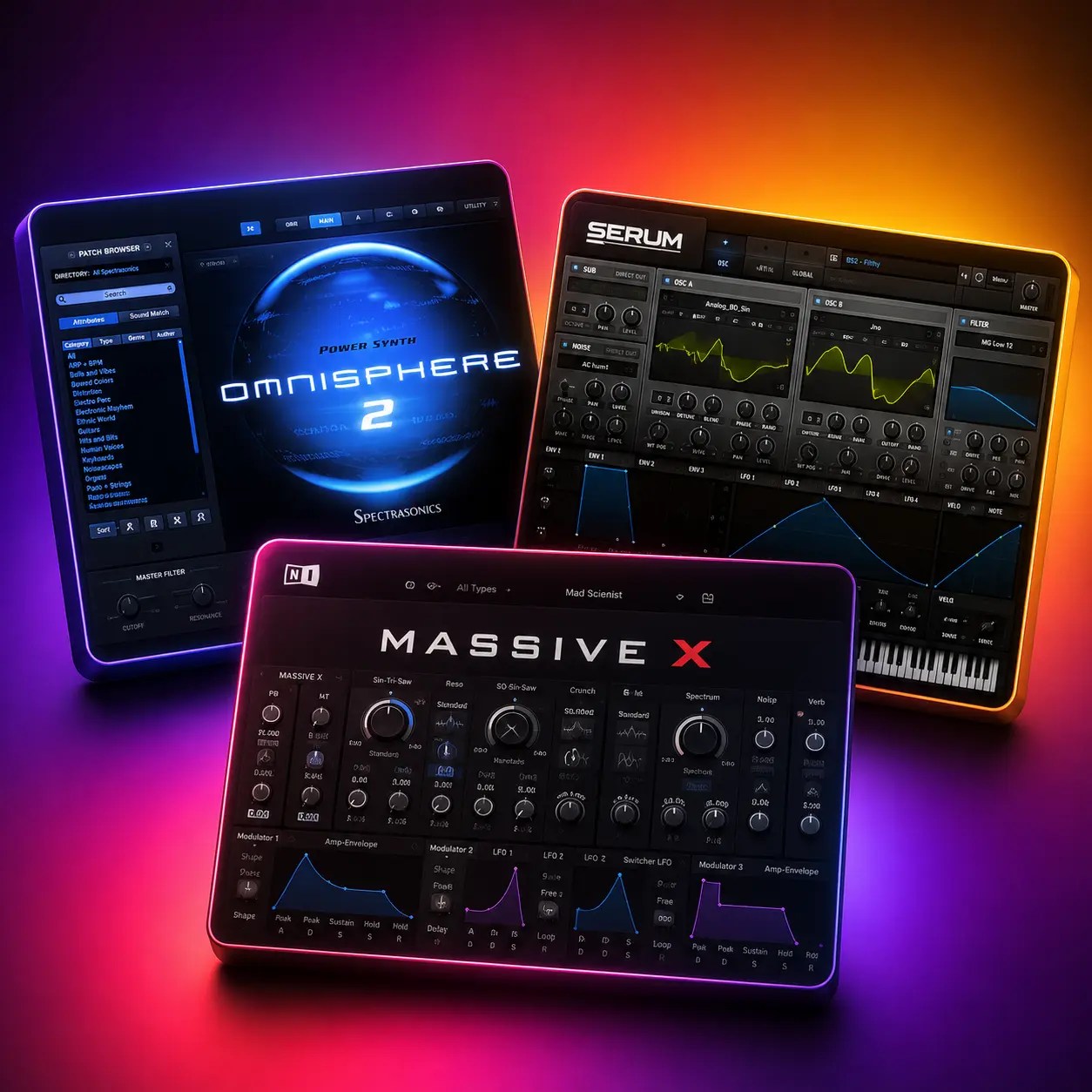 Synthesizer VST plugins — Spectrasonics Omnisphere 2, Xfer Serum and Native Instruments Massive X interfaces