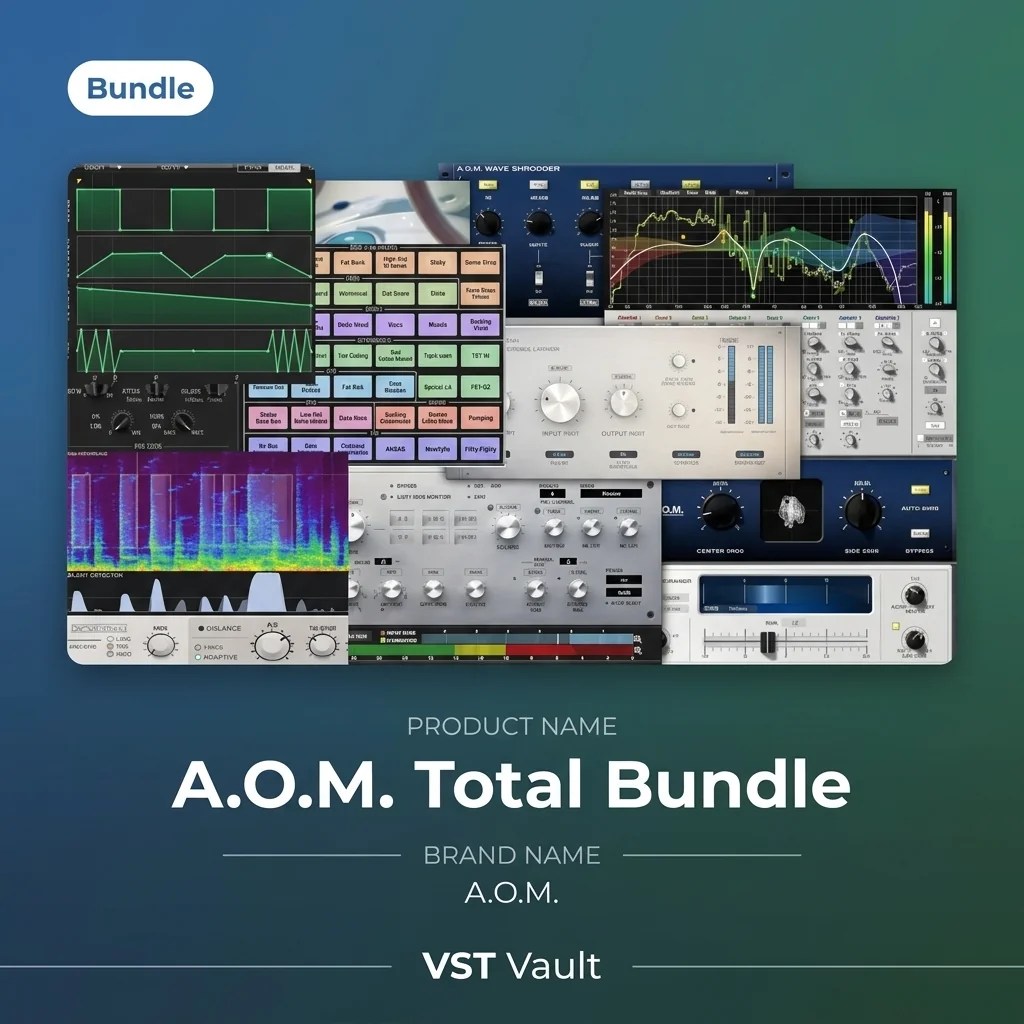 A.O.M. Total Bundle mastering plugin collection product card with plugin interfaces on VST Vault artwork