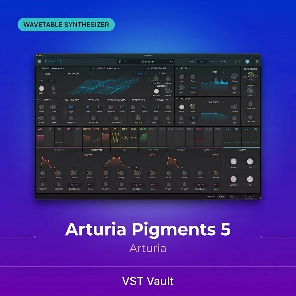 Arturia Pigments 5 wavetable synthesiser interface with two engines, dual filters, envelopes and macro knobs