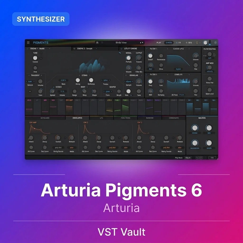 Arturia Pigments 6 synthesiser interface with morph and sample engines, granular controls and three filters