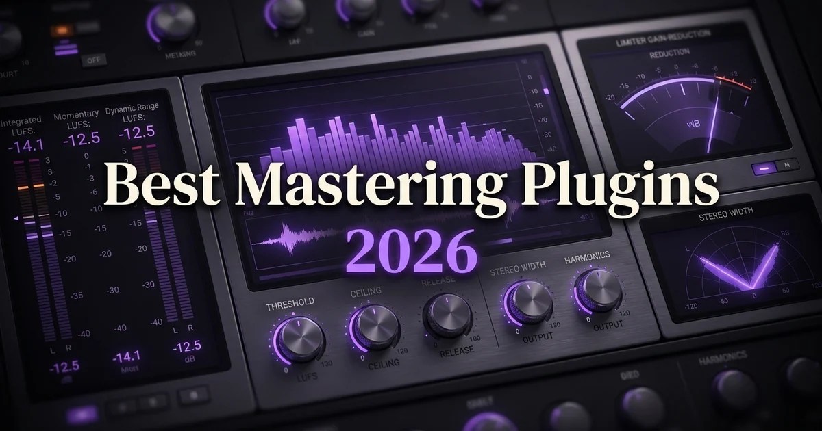 Best mastering plugins 2026 — dark mastering suite interface with violet loudness meters