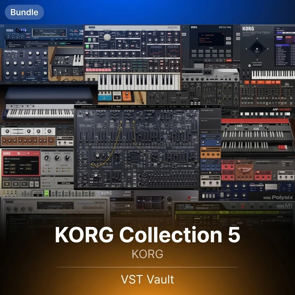 KORG Collection 5 synth bundle product card with classic KORG software synthesizer interfaces