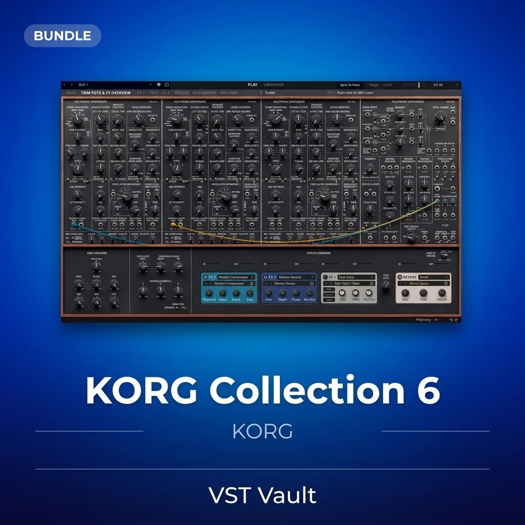 KORG Collection 6 synth bundle product card with classic KORG software synthesizer interfaces