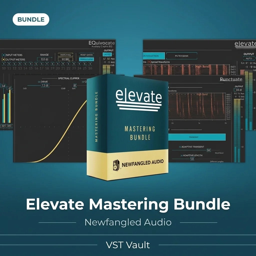Newfangled Audio Mastering Bundle box with Elevate, EQuivocate and Punctuate plugin interfaces