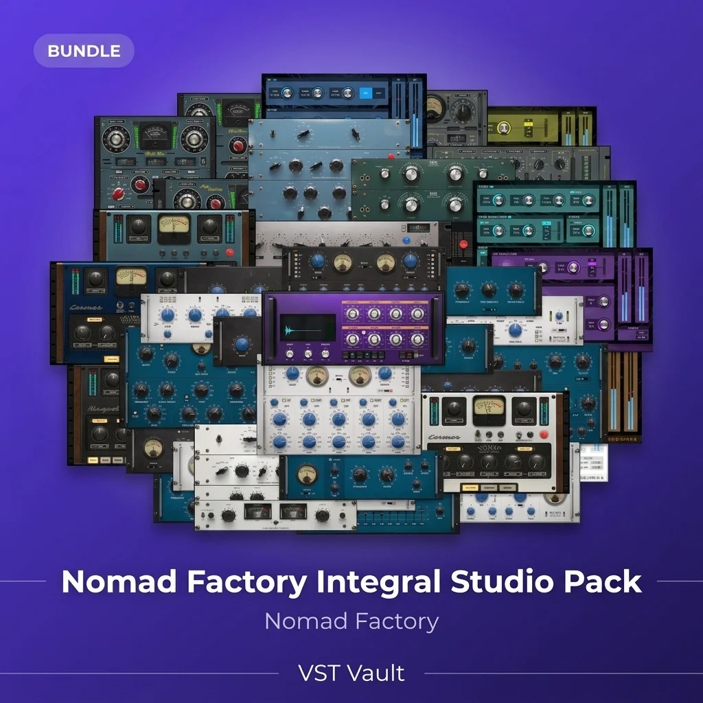 Nomad Factory Integral Studio Pack product card with vintage-style studio plugin interfaces