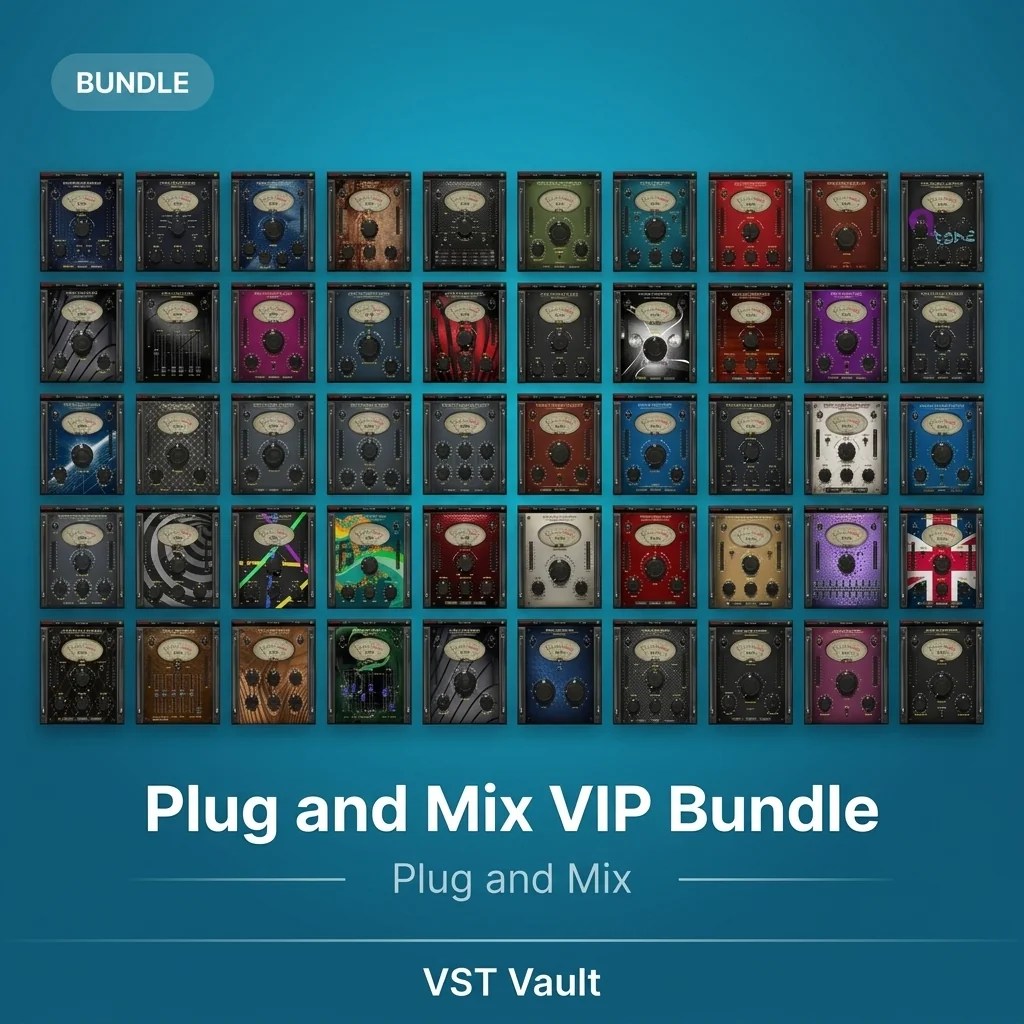 Plug and Mix VIP Bundle product card with studio effect plugin interfaces