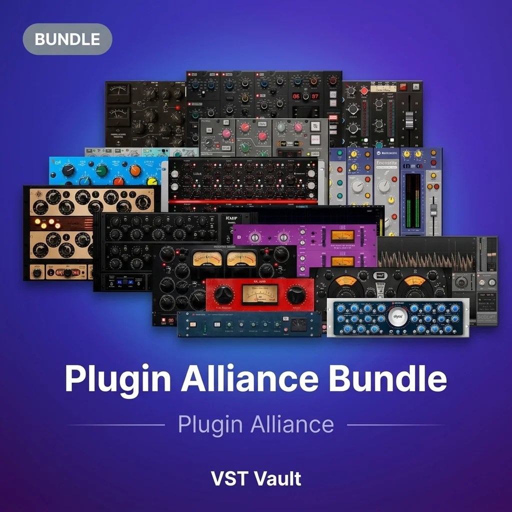 Plugin Alliance Mega Bundle product card with mixing and mastering plugin interfaces